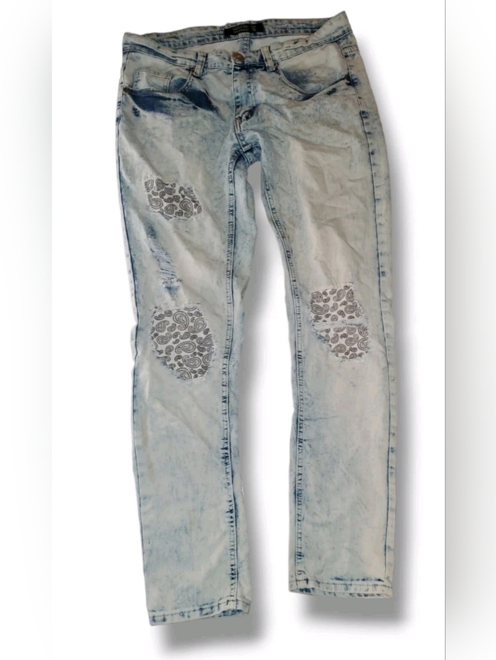 Men's Light Blue Straight Jeans with Paisley Patch Detail